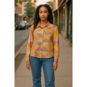 Rose + Olive Women’s Button Down Blouse Long Sleeve Patchwork Boho Tunic Medium